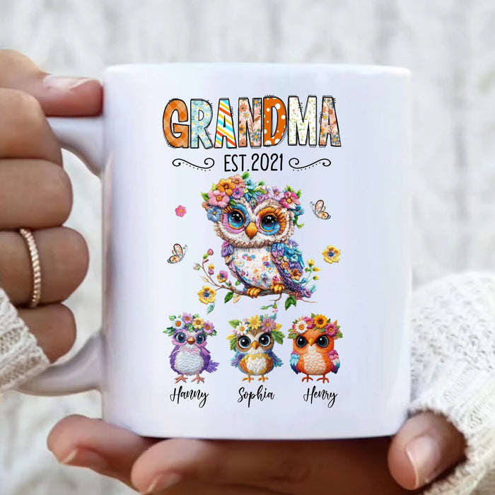 Personalized Owl Grandma Embroidered Effect Design Coffee Mug - Up to 6 Kids - Mother's Day Gift Idea for Grandma/Mom
