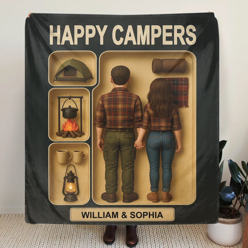 Personalized Camping Couple Toy Box Quilt/Fleece Throw Blanket - Gift Idea For Couple/Camping Lover - Happy Campers