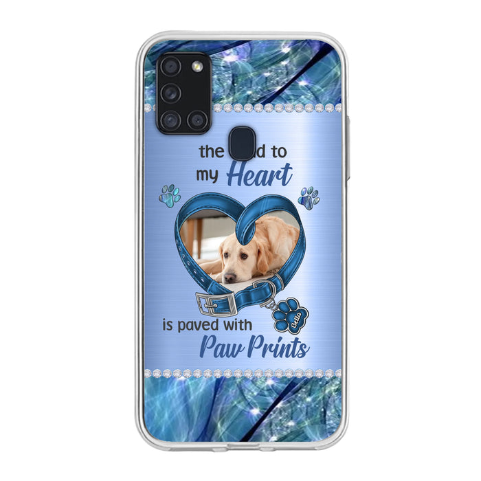 Custom Personalized Memorial Dog Collar Phone Case - Upload Photo - Memorial Gift Idea For Dog Owner - The Road To My Heart Is Paved With Paw Prints - Case for iPhone/ Samsung
