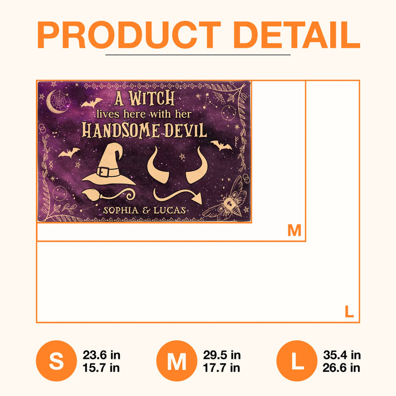 Personalized Witch & Devil Doormat - Gift Idea For Couple - A Witch Lives Here With Her Handsome Devil