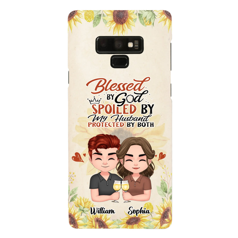 Custom Personalized Chibi Couple Phone Case - Gift Idea For Couple - Blessed By God, Spoiled By My Husband, Protected By Both - Case For iPhone & Samsung