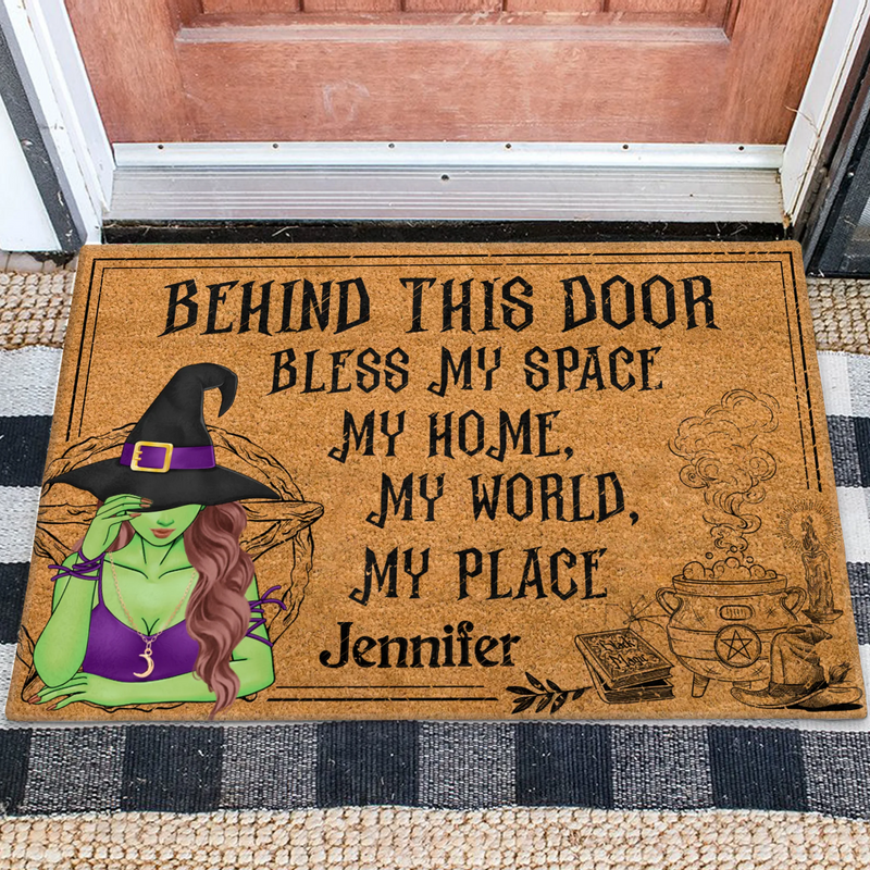 Personalized Witch Doormat - Halloween Gift Idea For Witch Lover - Behind This Door Bless My Space My Home My World My Place