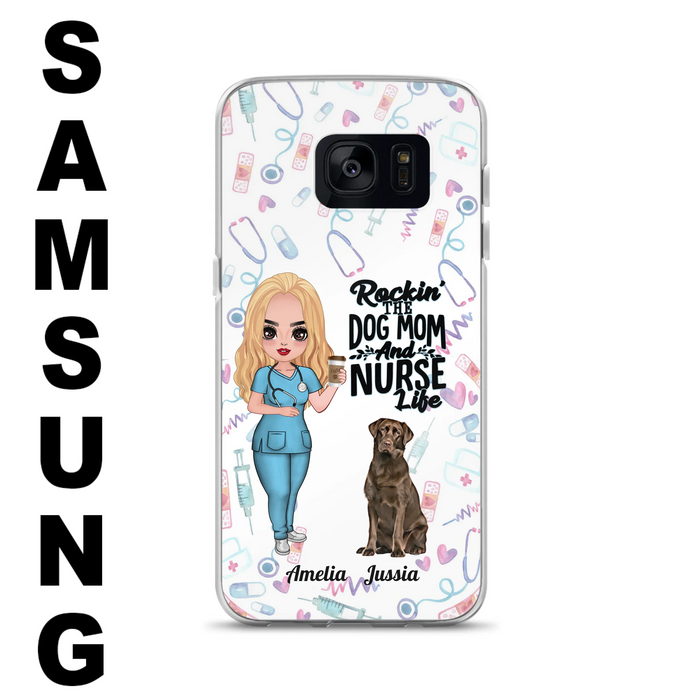 Custom Personalized Nurse Dog Mom Phone Case - Upto 5 Dogs - Gift Idea For Dog Lover - Rockin' The Dog Mom And Nurse Life - Case For iPhone And Samsung