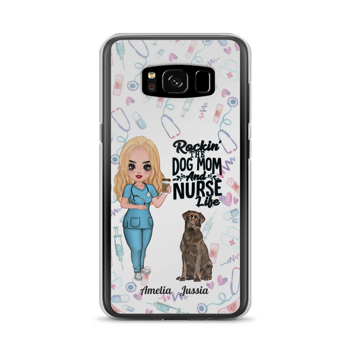 Custom Personalized Nurse Dog Mom Phone Case - Upto 5 Dogs - Gift Idea For Dog Lover - Rockin' The Dog Mom And Nurse Life - Case For iPhone And Samsung