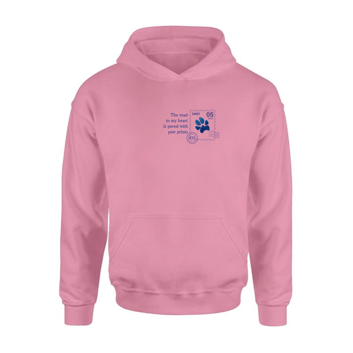 Personalized Memorial Pet Stamp Sticker Design T-shirt/Long Sleeve/Sweatshirt/Hoodie - Memorial Gift Idea For Dog Lover - The Road To My Heart Is Paved With Paw Prints