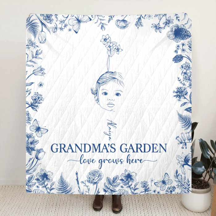 Personalized Grandma's Garden Quilt/Fleece Throw Blanket/Pillow Cover - Custom Side Profile Birthmonth Flower - Up to 6 Kids - Love Grows Here