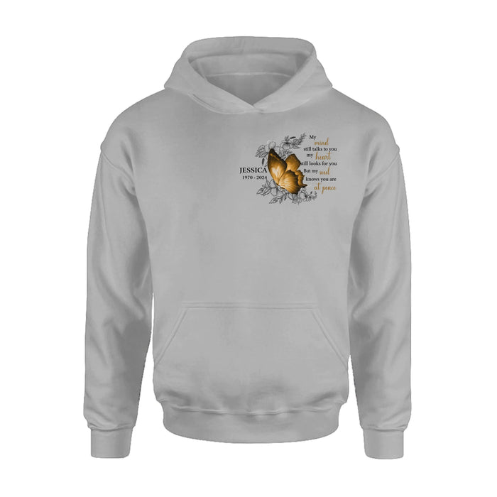 Personalized Memorial Butterfly Shirt/Hoodie - Up to 4 Butterflies - Memorial Gift Idea for Mother's Day/Father's Day - My Mind Still Talks To You