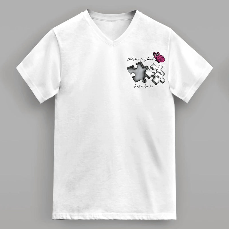 Personalized Memorial V-Neck T-Shirt - Memorial Gift Idea for Mother's Day/Father's Day - A Piece Of My Heart Lives In Heaven