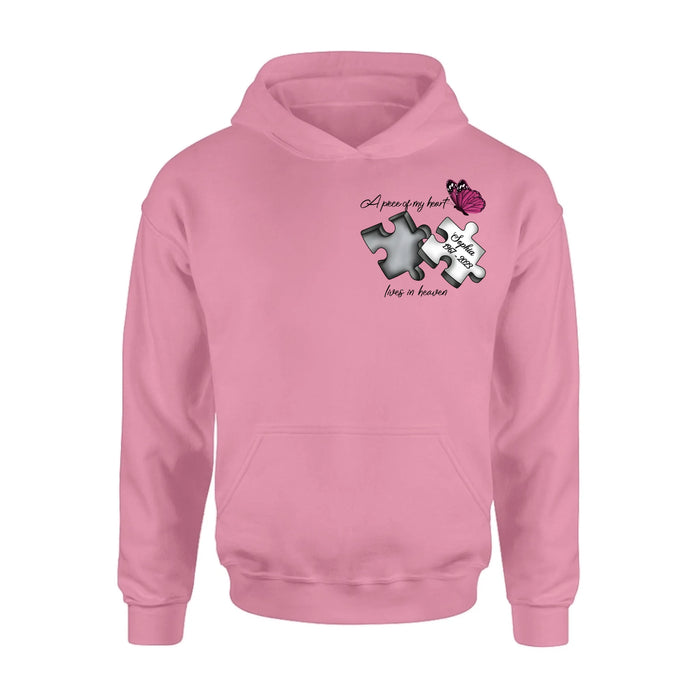 Personalized Memorial Butterfly Shirt/Hoodie - Memorial Gift Idea - A Piece Of My Heart Lives In Heaven