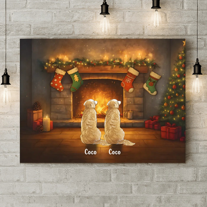 Personalized Dog Cat Around Fireplace Canvas - Christmas Gift Idea For Pet Lovers - Up to 12 Pets