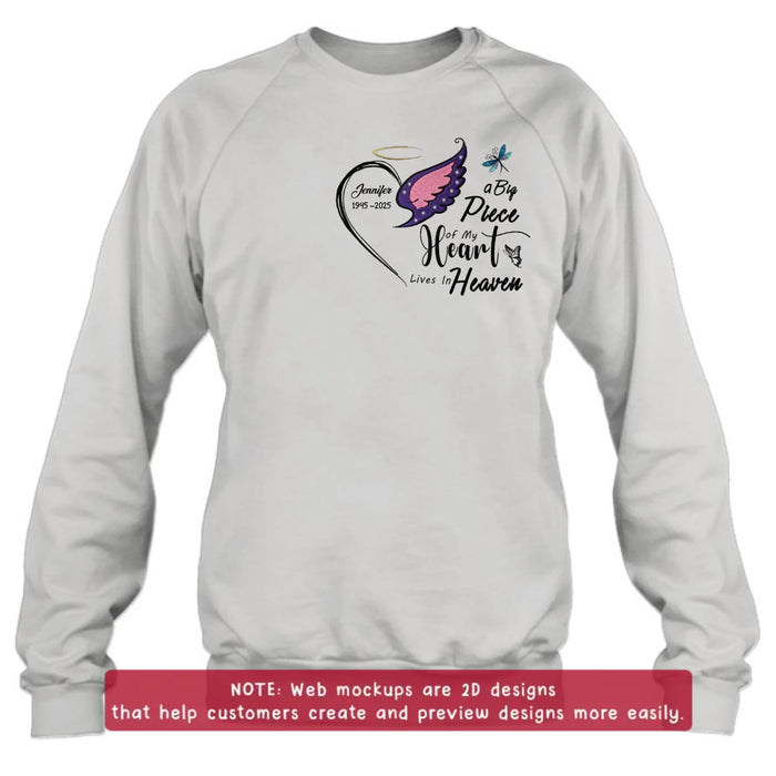 Personalized Embroidered Memorial Shirt/ Hoodie – A Big Piece of My Heart Lives in Heaven – Custom In Loving Memory Gift with Name & Dates