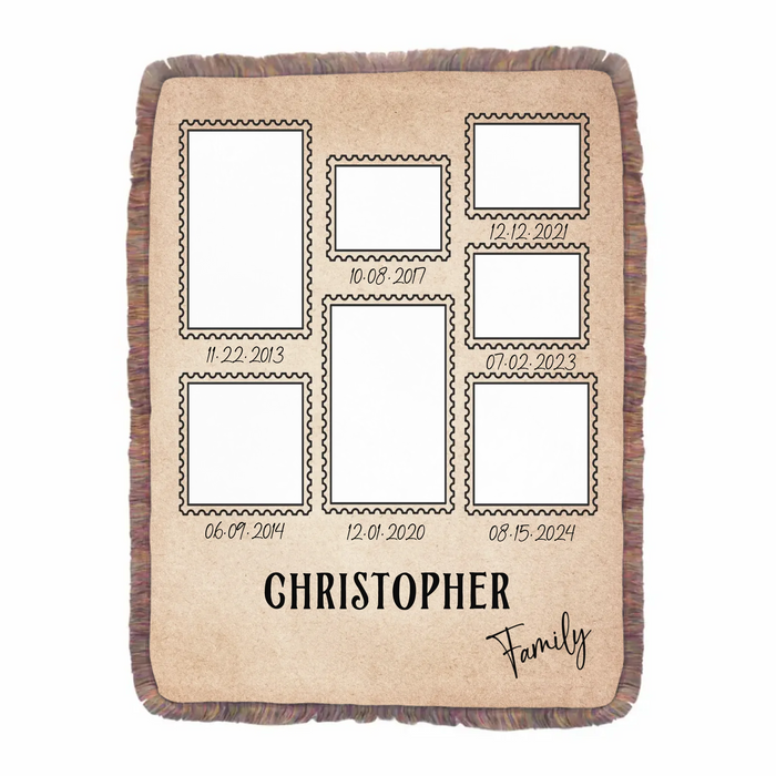 Personalized Family Photo Timeline Fringe Blanket – Custom Dates & Pictures – Cozy Woven Throw for Family Memories