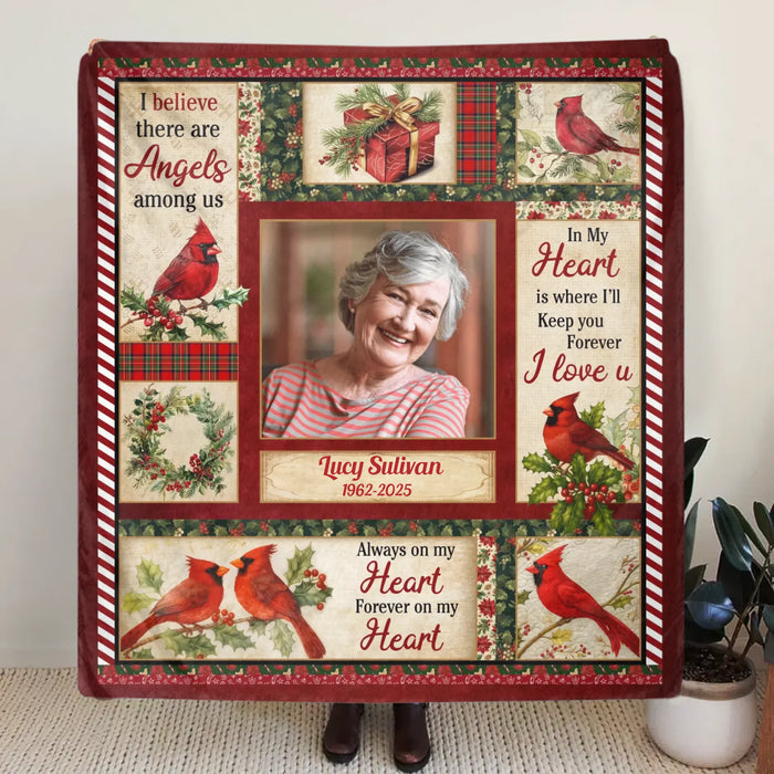Personalized Christmas Memorial Fleece Throw Blanket / Quilt – In My Heart Is Where I'll Keep You Forever - Custom Photo Sympathy Gift for Loss of Loved One