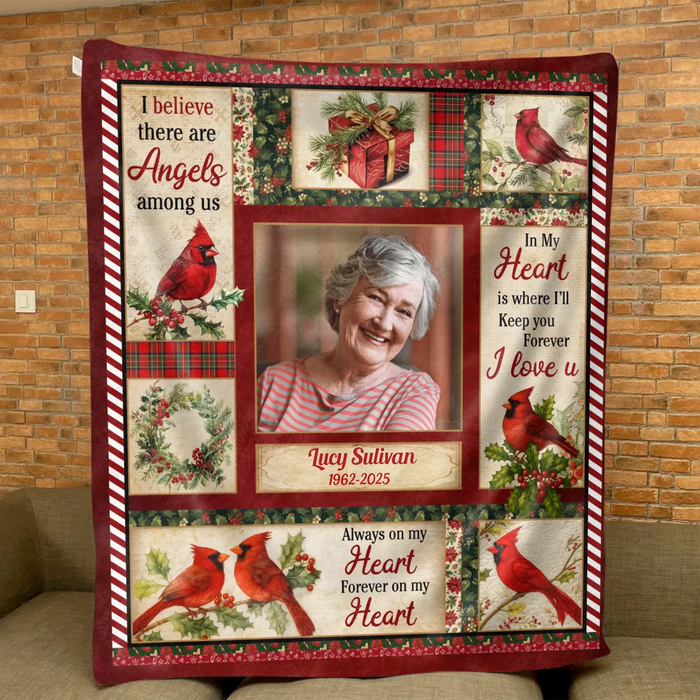 Personalized Christmas Memorial Fleece Throw Blanket / Quilt – In My Heart Is Where I'll Keep You Forever - Custom Photo Sympathy Gift for Loss of Loved One