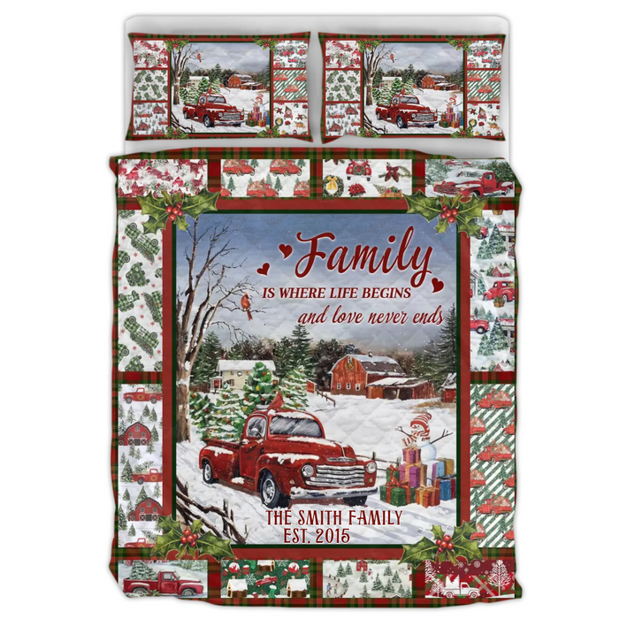 Personalized Christmas Quilt Bed Set – Custom Family Name & EST Year – Christmas Holiday Bedroom Decor