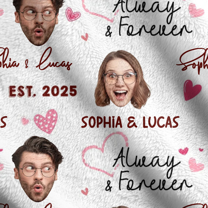 Personalized Couple Face Blanket - Add Your Faces, Names & Anniversary Year - Cute & Fun Valentine’s Gift