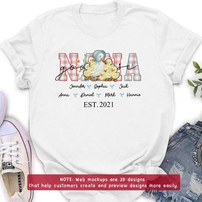 Personalized Nana Goose Embroidered T-shirt - Gift Idea To Mother's Day/ Nana/ Grandma/ Birthday - Custom Names with up to 6 Kids