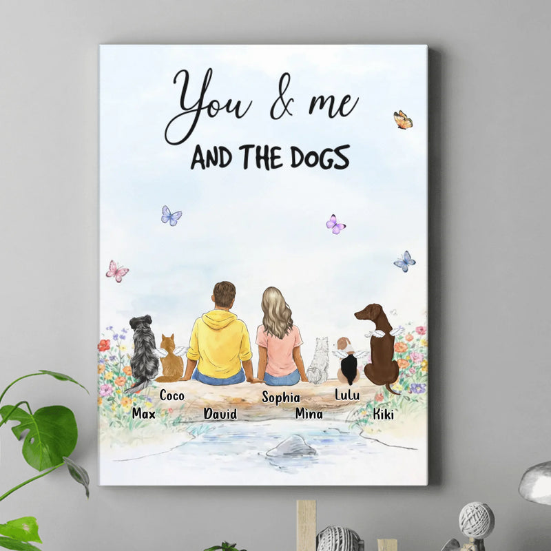 Personalized “You & Me And The Dogs” Canvas Wall Art - Custom Couple/ Single with up to 5 Dogs - Dog Lover Couple Gift, Pet Family Portrait, Anniversary & Home Decor Keepsake