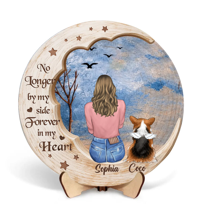 Personalized Pet Memorial Wooden Art – “No Longer by My Side Forever in My Heart” Custom Dog & Owner Moon Shape – Sympathy Gift for Pet Loss, Dog Memorial Gift