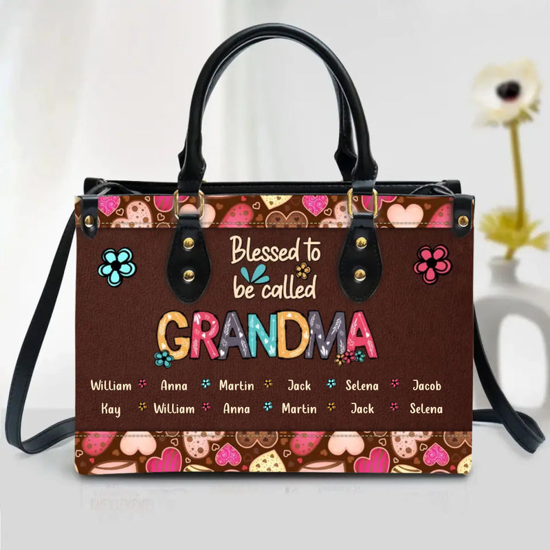 Personalized Grandma PU Leather Handbag with Long Straps - Mother's Day Gift Idea for Mom/ Grandma with up to 12 Kids - Blessed To Be Called Grandma