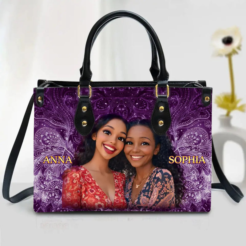 Personalized Photo PU Leather Handbag with Long Straps - Upload Photo Gift Idea For Mom/ Mother's Day/ Birthday - Custom Names