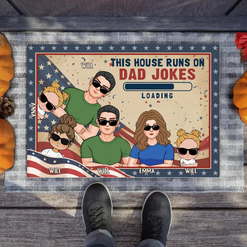 Custom Personalized Family Doormat - Gift Idea For Father's Day - Up to 6 Members - This House Runs On Dad Jokes