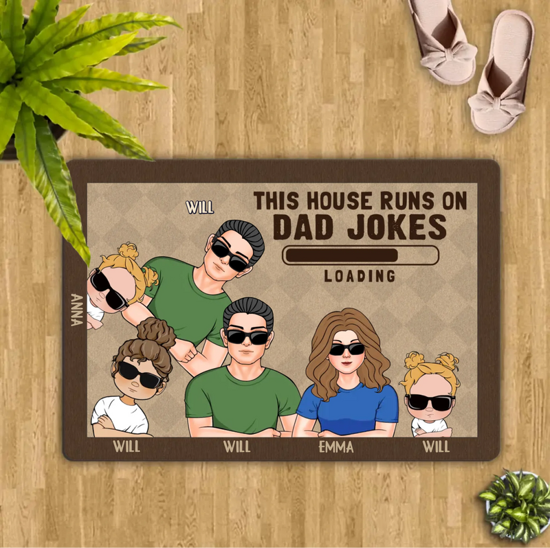Custom Personalized Family Doormat - Gift Idea For Father's Day - Up to 6 Kids - This House Runs On Dad Jokes