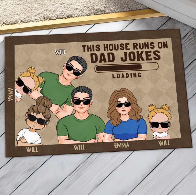 Custom Personalized Family Doormat - Gift Idea For Father's Day - Up to 6 Kids - This House Runs On Dad Jokes