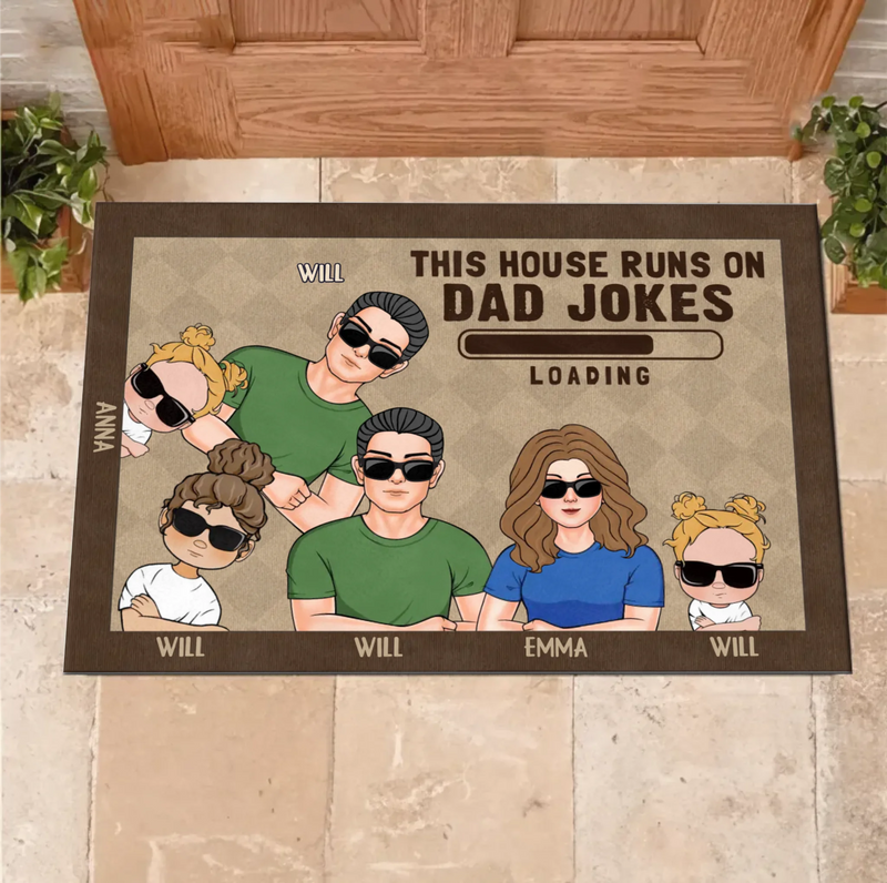 Custom Personalized Family Doormat - Gift Idea For Father's Day - Up to 6 Kids - This House Runs On Dad Jokes