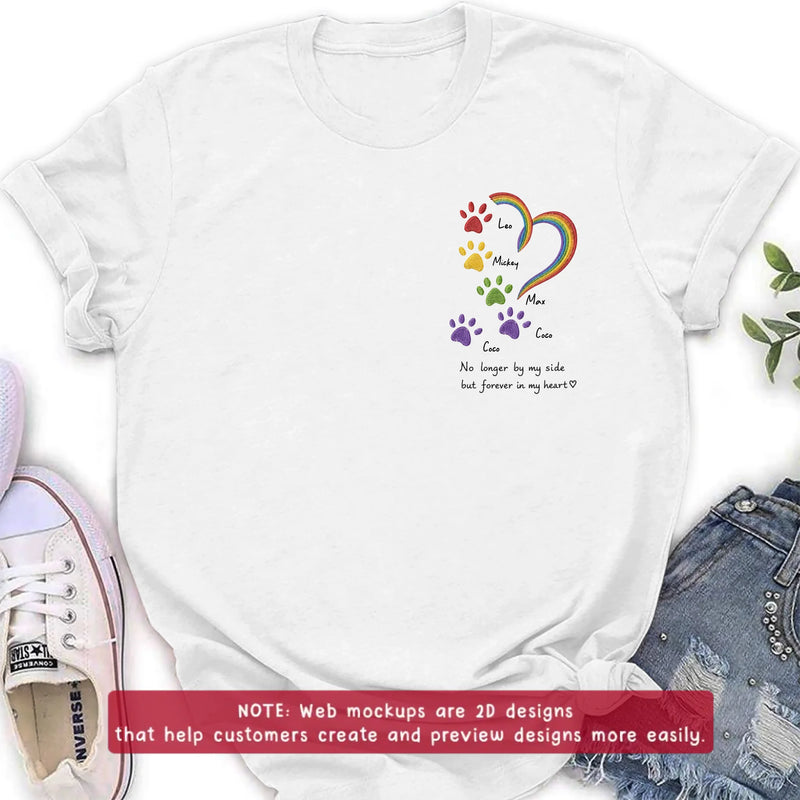 Personalized Rainbow Bridge Pet Memorial Embroidered Shirt/ Hoodie – Custom Pet Names Paw Print T-Shirt – No Longer By My Side But Forever In My Hearts