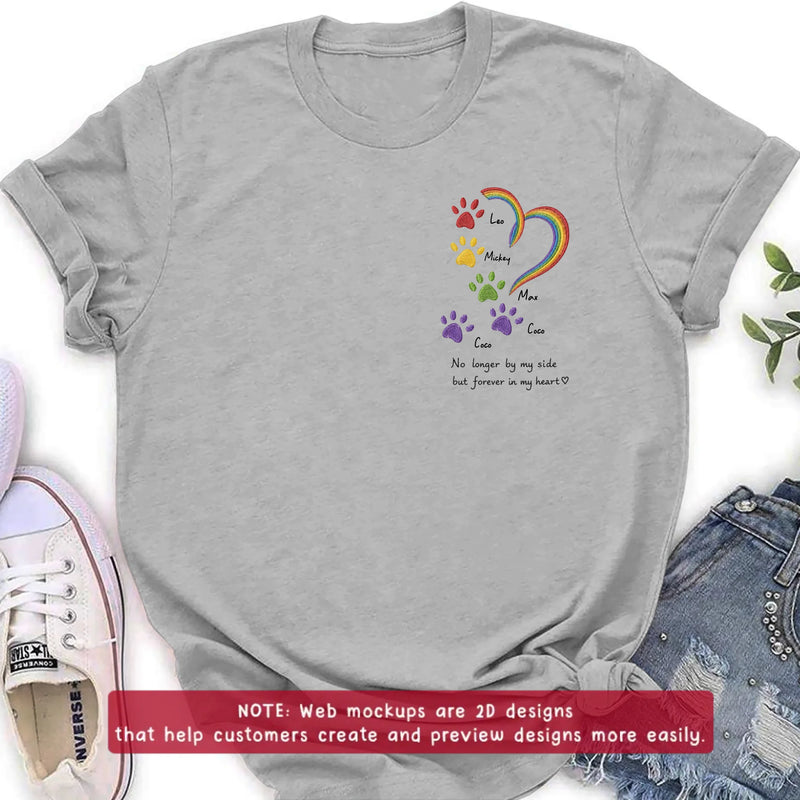 Personalized Rainbow Bridge Pet Memorial Embroidered Shirt/ Hoodie – Custom Pet Names Paw Print T-Shirt – No Longer By My Side But Forever In My Hearts