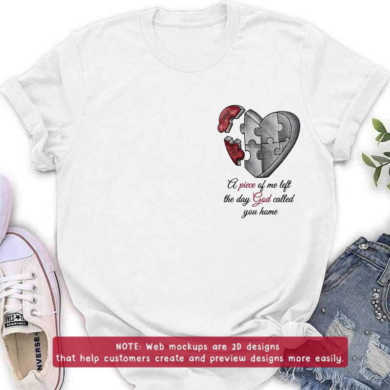 Personalized Memorial Heart Puzzle Embroidered Shirt/ Hoodie -  Sympathy Gift for Loss of Mom/ Dad - A Piece Of Me Left The Day God Called You Home