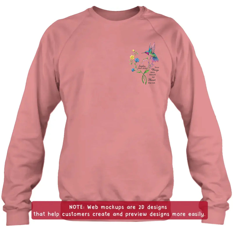 Personalized Memorial Mom Hummingbird Embroidered Shirt/ Hoodie -  Sympathy Gift for Loss of Mom/ Dad - Your Wings Were Ready But My Heart Was Not