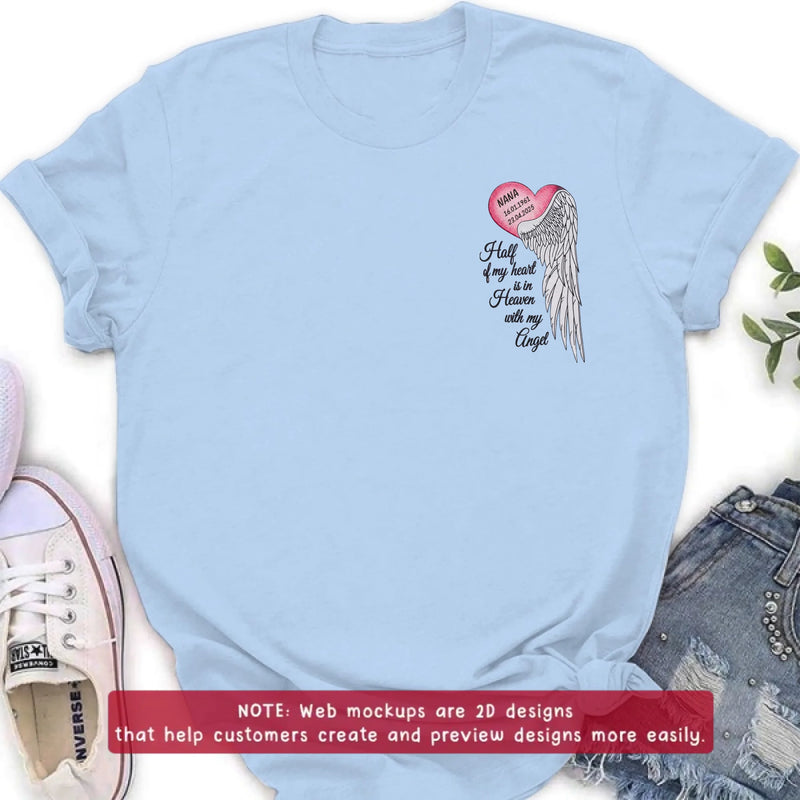 Personalized Memorial Embroidered Shirt/ Hoodie - Half of My Heart Is in Heaven With My Angel - Custom Name & Memorial Dates Sympathy Gift