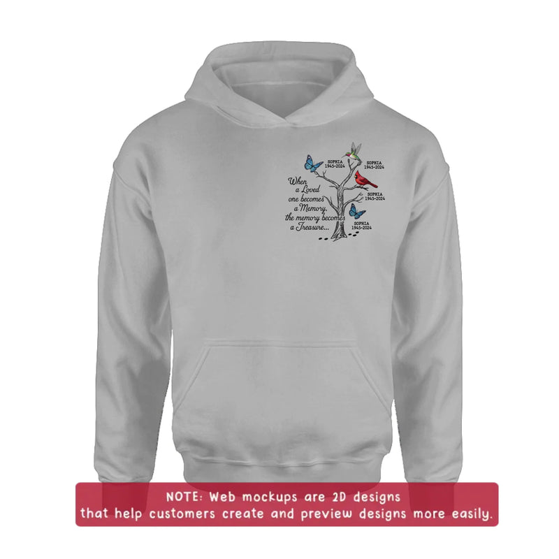 Personalized Memorial Embroidered Shirt/ Hoodie - Family Tree Remembrance with Birds & Butterfly - When A Loved One Becomes A Memory, The Memory Becomes A Treasure