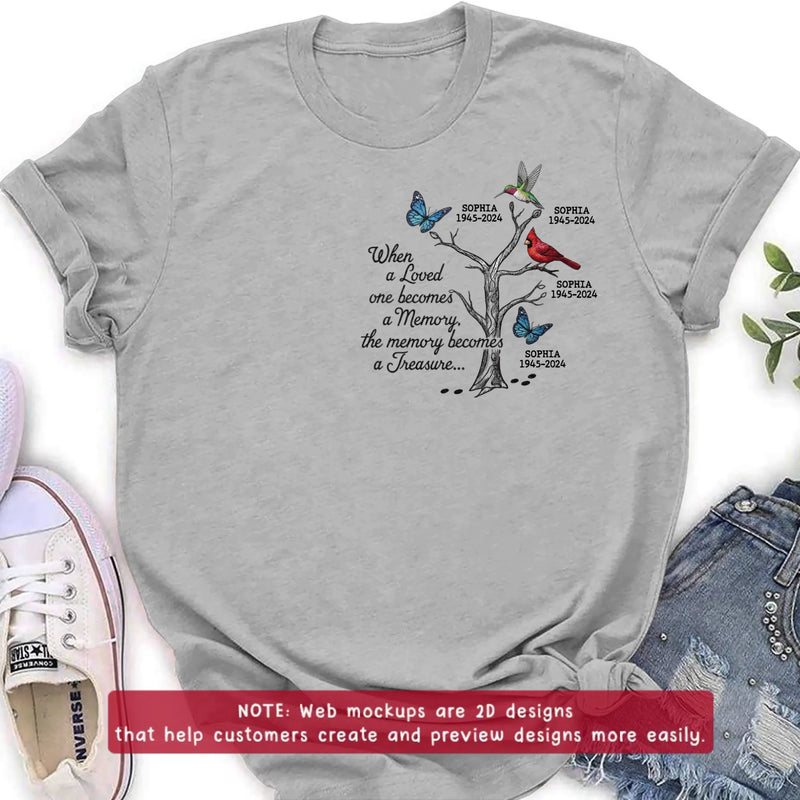 Personalized Memorial Embroidered Shirt/ Hoodie - Family Tree Remembrance with Birds & Butterfly - When A Loved One Becomes A Memory, The Memory Becomes A Treasure