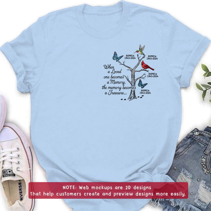 Personalized Memorial Embroidered Shirt/ Hoodie - Family Tree Remembrance with Birds & Butterfly - When A Loved One Becomes A Memory, The Memory Becomes A Treasure
