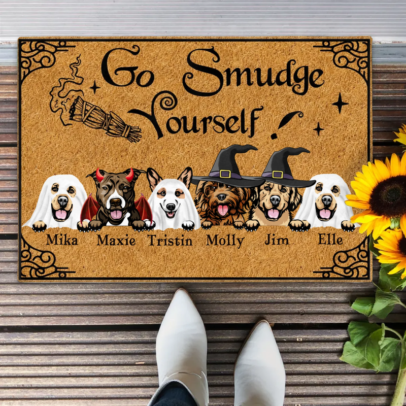 Personalized Dog Doormat - Halloween Welcome Sign - Gift Idea For Dog Lover With Up to 6 Dogs - Go Smudge Yourself