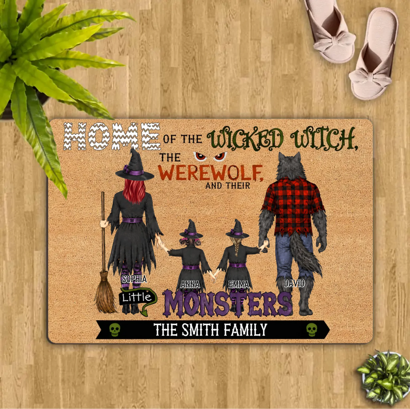 Personalized Halloween Family Doormat - Spooky Front Door Mat - Home Of The Wicked Witch, The Werewolf And Their Little Monsters