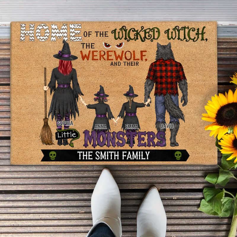 Personalized Halloween Family Doormat - Spooky Front Door Mat - Home Of The Wicked Witch, The Werewolf And Their Little Monsters