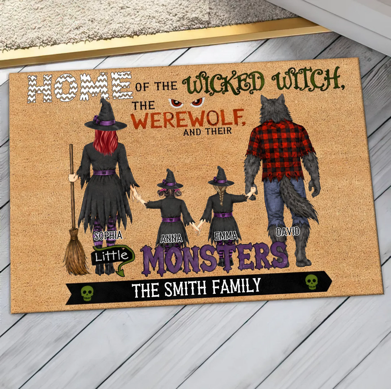 Personalized Halloween Family Doormat - Spooky Front Door Mat - Home Of The Wicked Witch, The Werewolf And Their Little Monsters