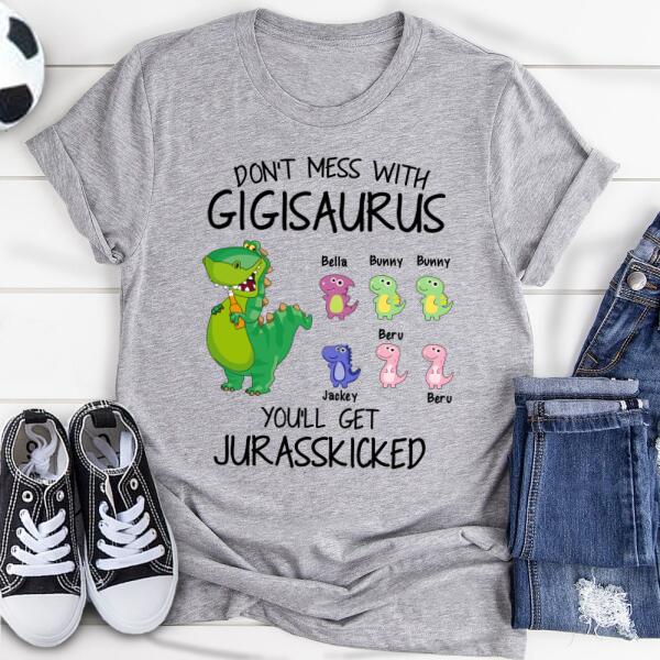 Personalized Grandpa/Grandma Dinosaurs Kid T-Shirt - Gift For Grandparents/Grandkids with up to 6 Grandkids Dinosaurs - It's not a Grandpa bod - 5WKPPY