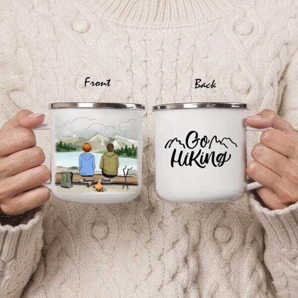 Personalized Hiking Couple Enamel Mug- Couple With Up to 4 Pets - Best Gift For Hiking Lover - Go Hiking