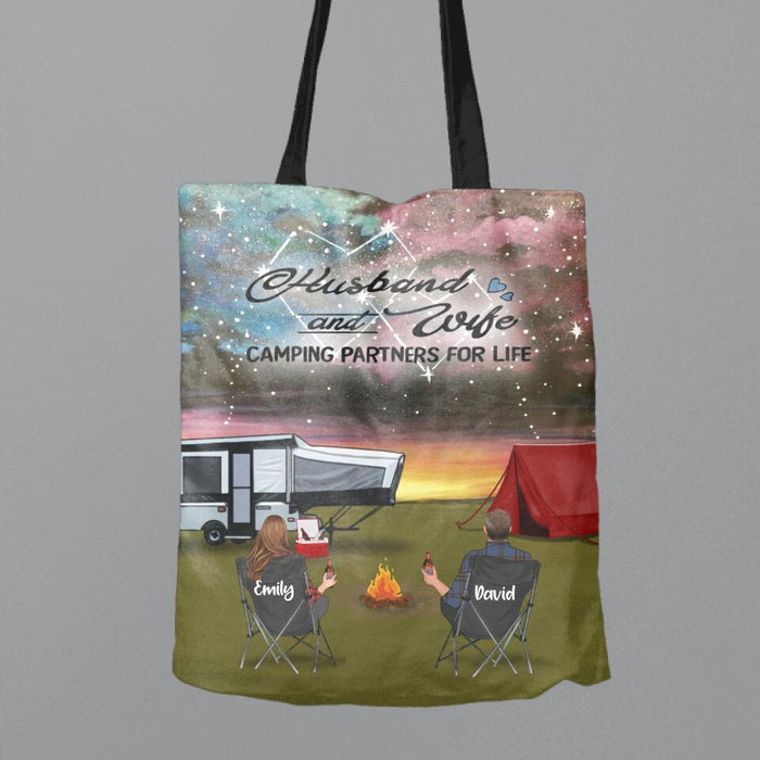 Personalized Camping Canvas Bag - Couple With Up to 3 Kids And 4 Pets - Gift Idea For Camping Lover - Husband And Wife Camping Partners For Life