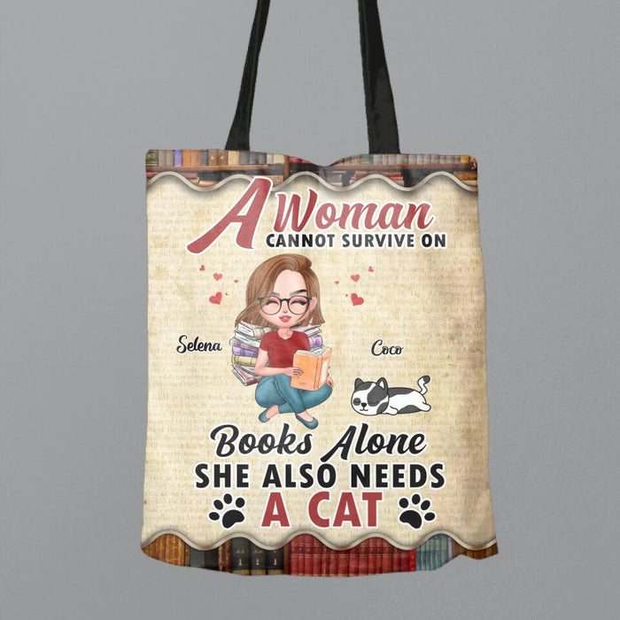 Personalized Reading Girl Canvas Bag - Girl With Up to 4 Pets - Gift Idea For Book/Cat/Dog Lover - A Woman Cannot Survive On Books Alone She Also Need A Cat
