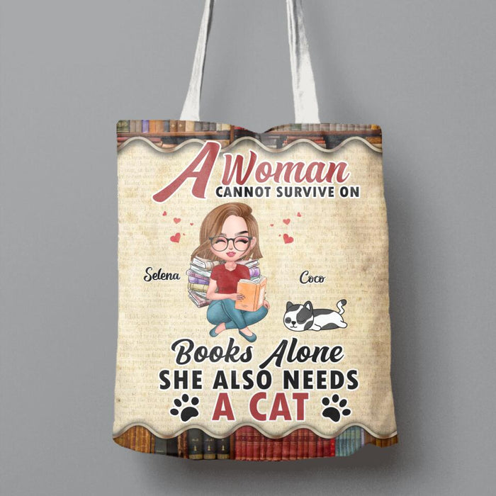Personalized Reading Girl Canvas Bag - Girl With Up to 4 Pets - Gift Idea For Book/Cat/Dog Lover - A Woman Cannot Survive On Books Alone She Also Need A Cat