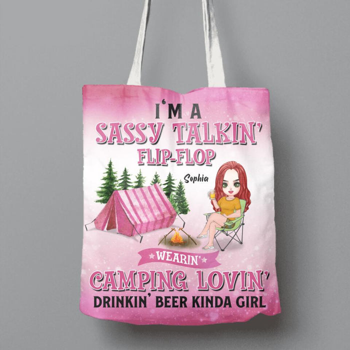 Personalized Camping Girl Canvas Bag - Gift Idea For Camping Lovers - I'm A Sassy Talkin' Flip - Flop Camping Lovin' Drinkin' Beer Kinda Girl
