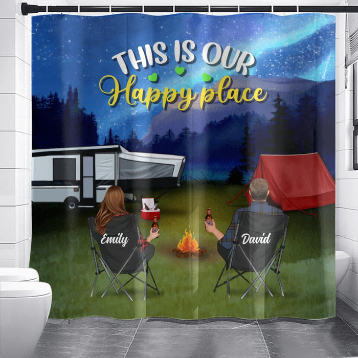 Personalized Family Camping Trip Shower Curtain - Couple/Single Parent/Parents With Up to 3 Kids And 4 Pets - Gift Idea For Whole Family/ Camping Lover - This Is Our Happy Place
