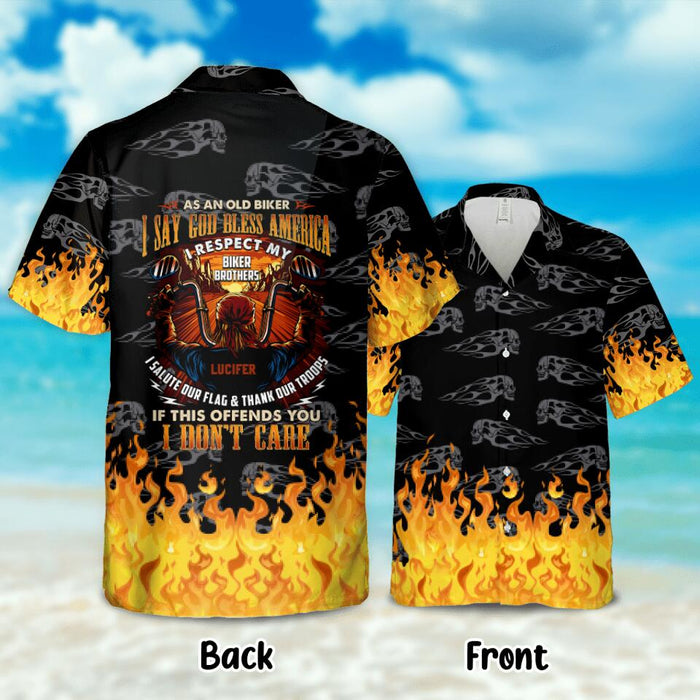 Personalized Biker Old Man Hawaiian Shirt without Pocket - Gift Idea For Father's Day/Biker Lover - As An Old Biker I Say God Bless America