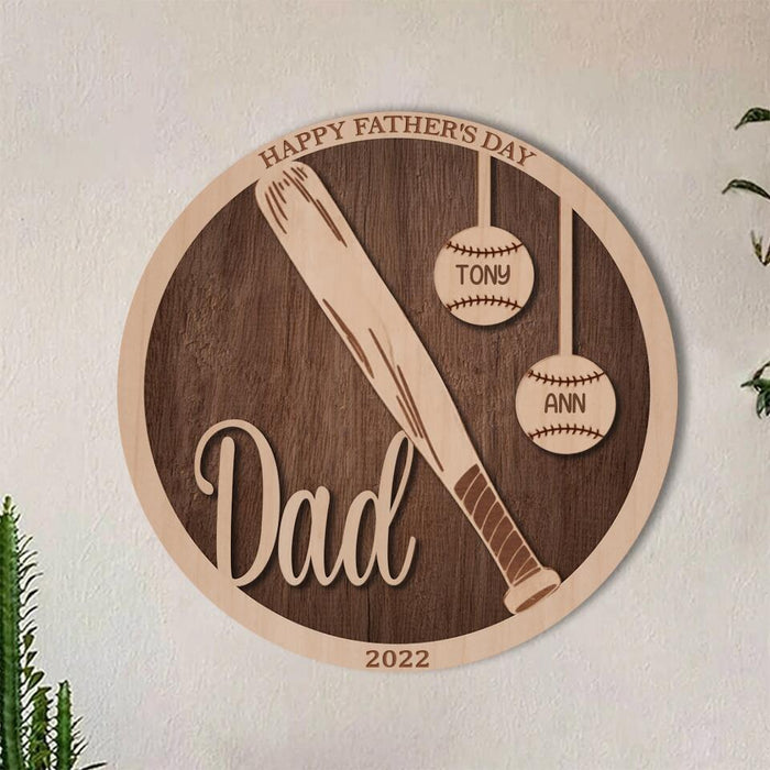 Personalized Baseball Double-layer Round Wooden Sign - Gift Idea From Kids to Father with up to 5 Kids - Father's Day 2023 Gift